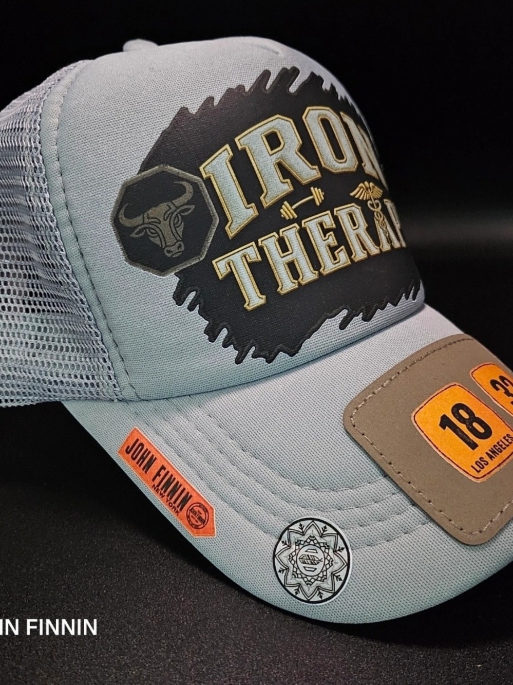 Iron Therapy Trucker Cap in Light Gray with Black & Gold Logo